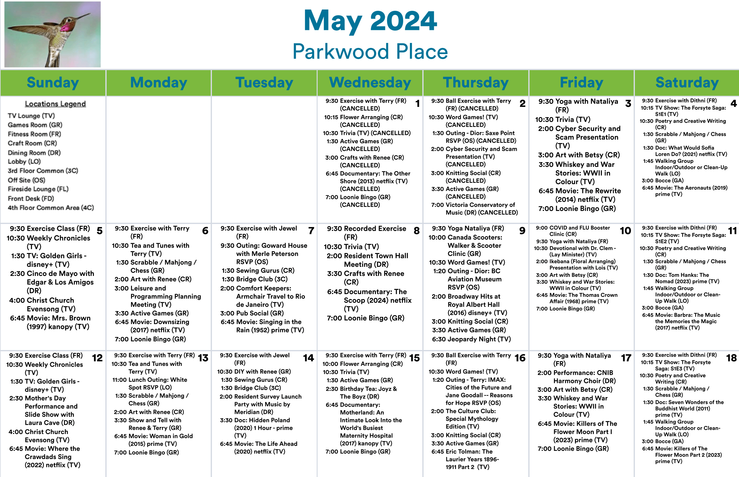 Parkwood Place May 1 - 18 2024 event calendar