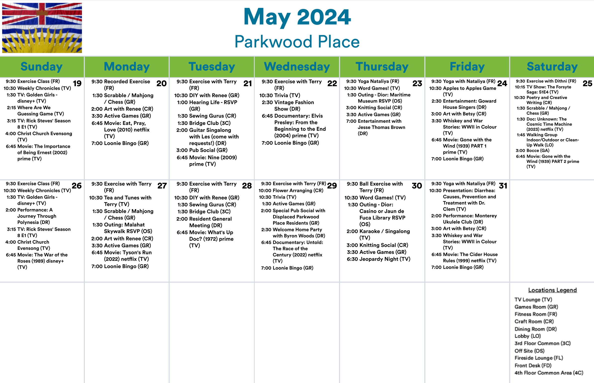 Parkwood Place May 19 - 31 2024 event calendar